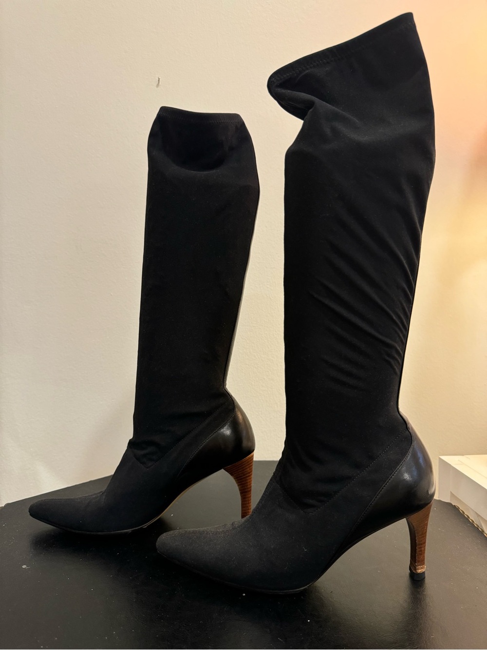 Gucci Vintage Black Knee-High Sock Boots with Wooden Heel